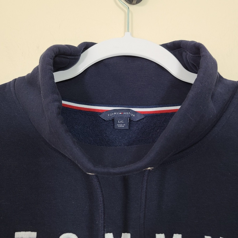 Tommy Hilfiger Hoodie Sweatshirt Womens L Navy Blue Y2K Spell Out Colorblock Red - Picture 5 of 8